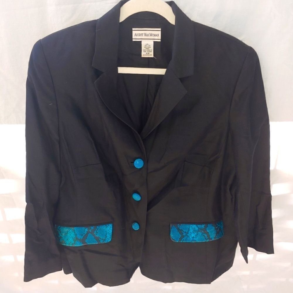 August Max VINTAGE Womens Size 14W Black W/ Aqua Faux Snakeskin Accent Blazer.